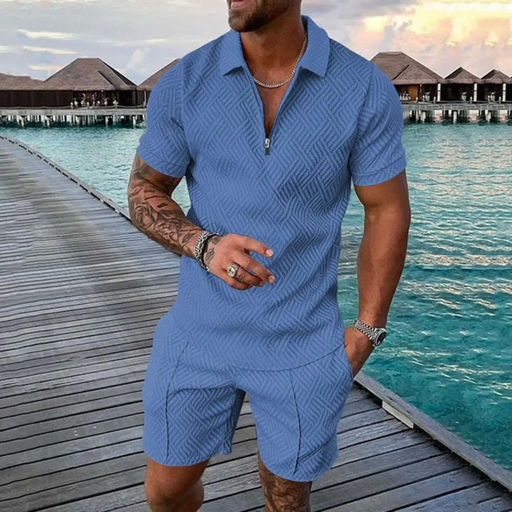 Zipper Lapel Design Outfit Men's Casual Outfit Lapel Zipper Neckline Shirt Elastic Waist Shorts Set Stylish 2pcs for Outdoor