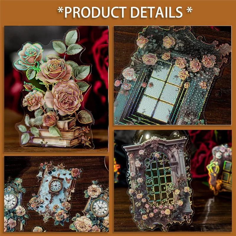 Exquisite-80 PCS Vintage Sticker Pack -Gorgeous Flowers Roses Stickers Clocks, Windowsills, Books, Candles - DIY Craft Supplies