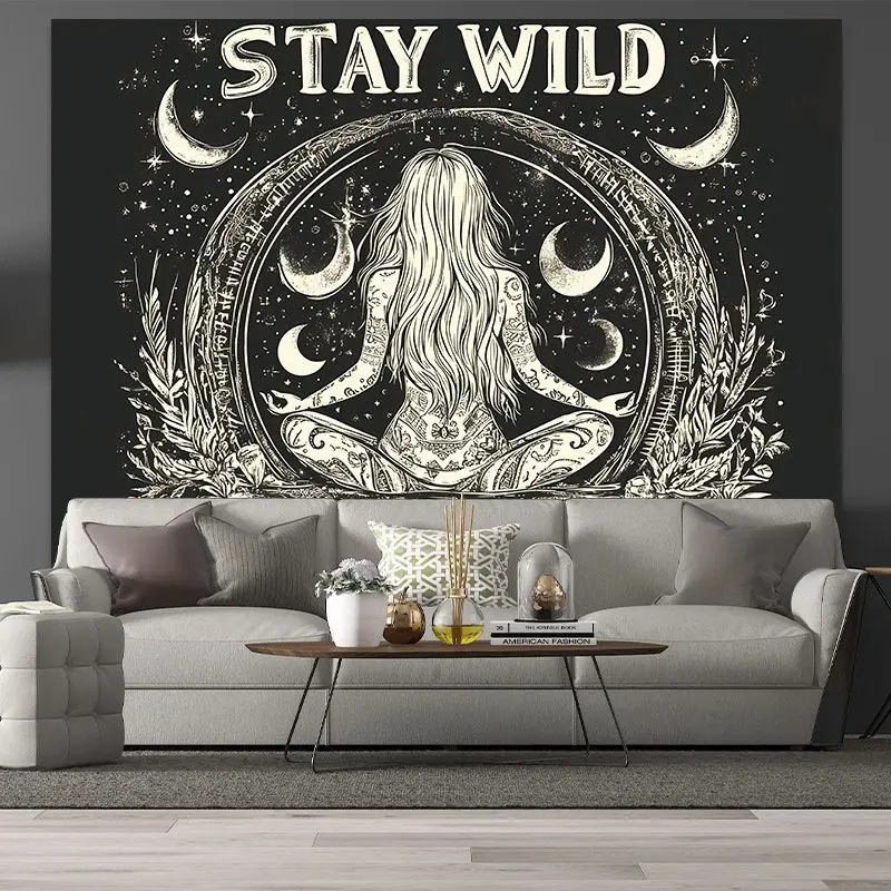 VIKAMA Stay Wild Meditation Yoga Woman Moon Phase Tapestry Black Boho Spiritual Wall Hanging Bedroom Dorm Aesthetic Poster