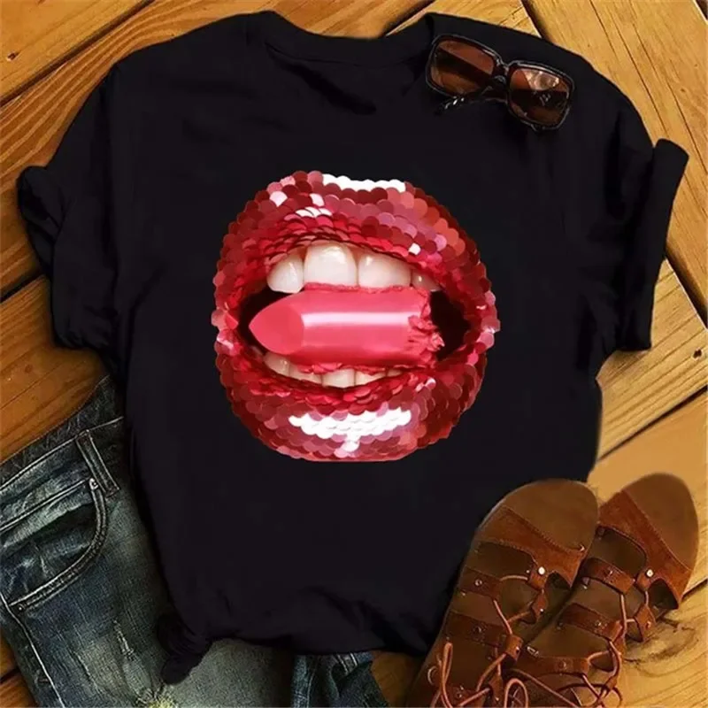 Moda lábios imprimir camiseta feminina casual manga curta o pescoço solto camiseta feminina senhoras camiseta topos roupas mujer