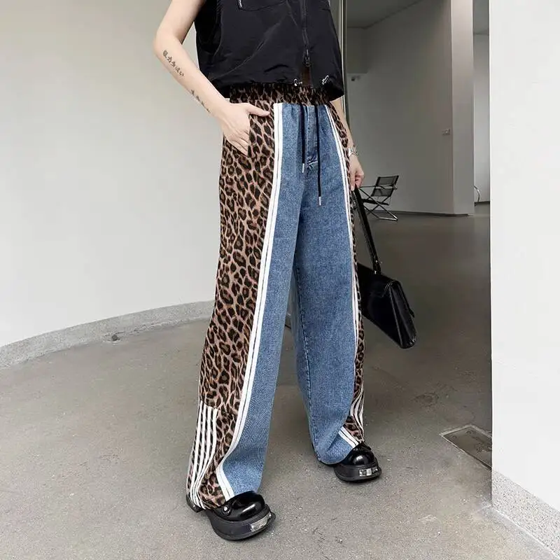 ANJY Autumn Winter New Women European Street Color Block Leopard Patchwork Denim Pants Fashion Niche Drawstring Ins Jeans A14183