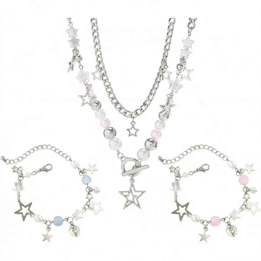 

Комплект из 2 предметов: серебристое ожерелье и браслет с подвесками в виде звезды и жемчужины