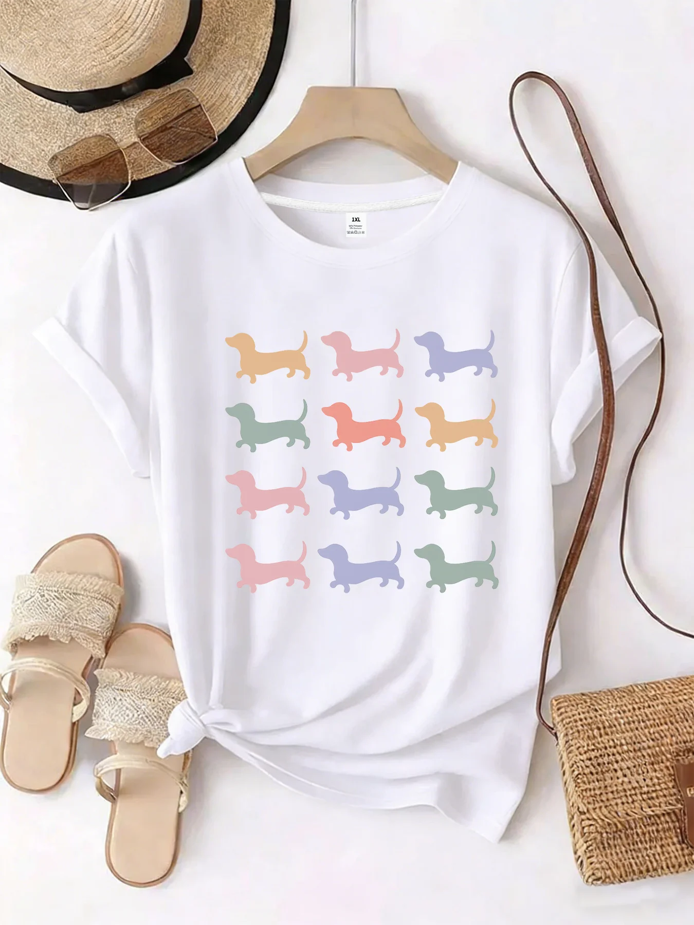 

【WZM101310】Sausage dog print plus size women's round neck summer casual short sleeved street fashion versatile T-shirt