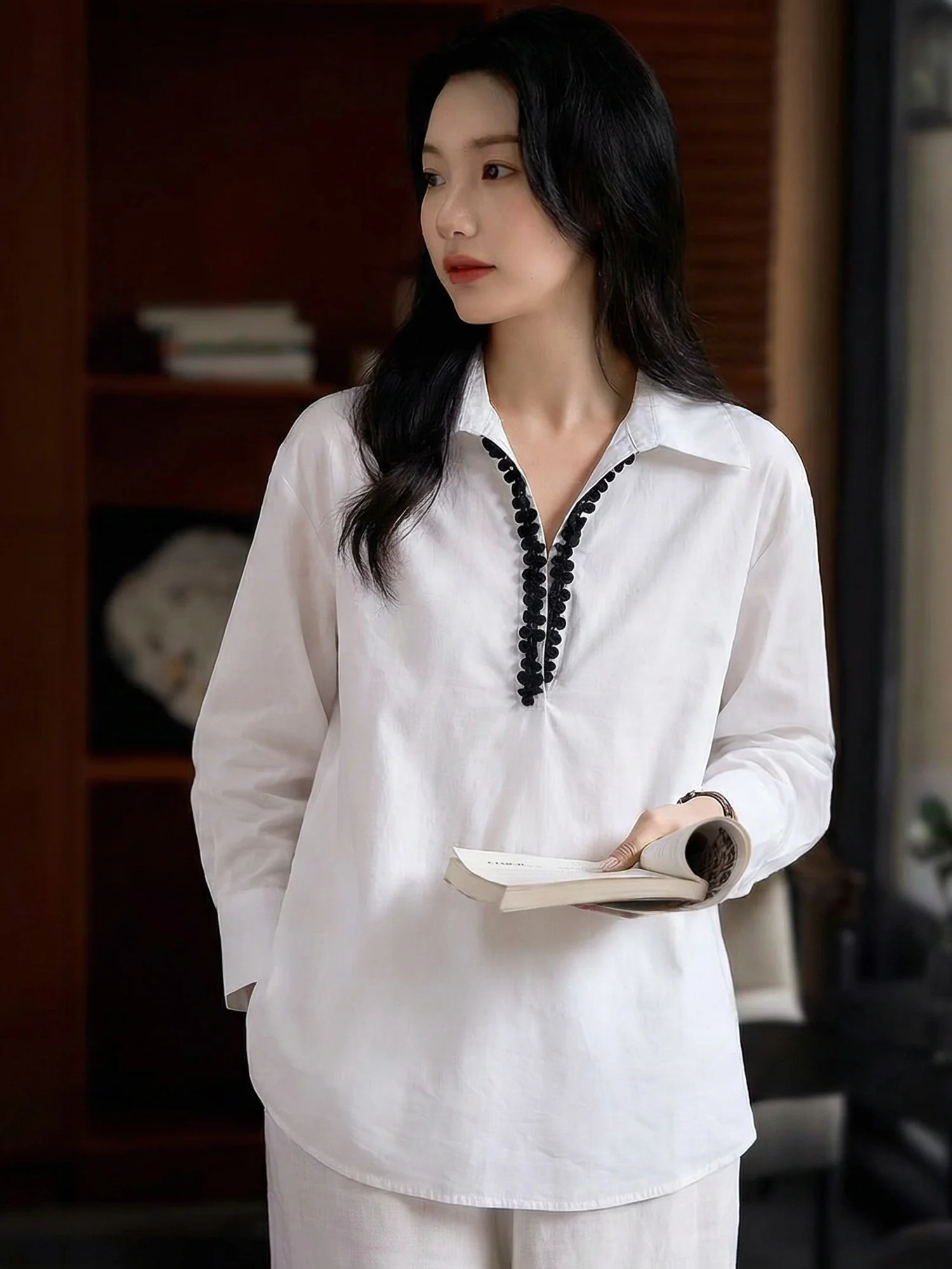 

Свободная хлопковая рубашка с длинным рукавом для женщин, весенняя, для повседневной носки, художественная, свободного кроя, стройнящая, дышащая, комфортная, Chivirin