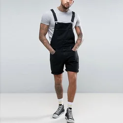 Vintage Men Jeans Denim Black Shorts One-piece Overalls Suspenders Streetwear Men Jumpsuit Pants