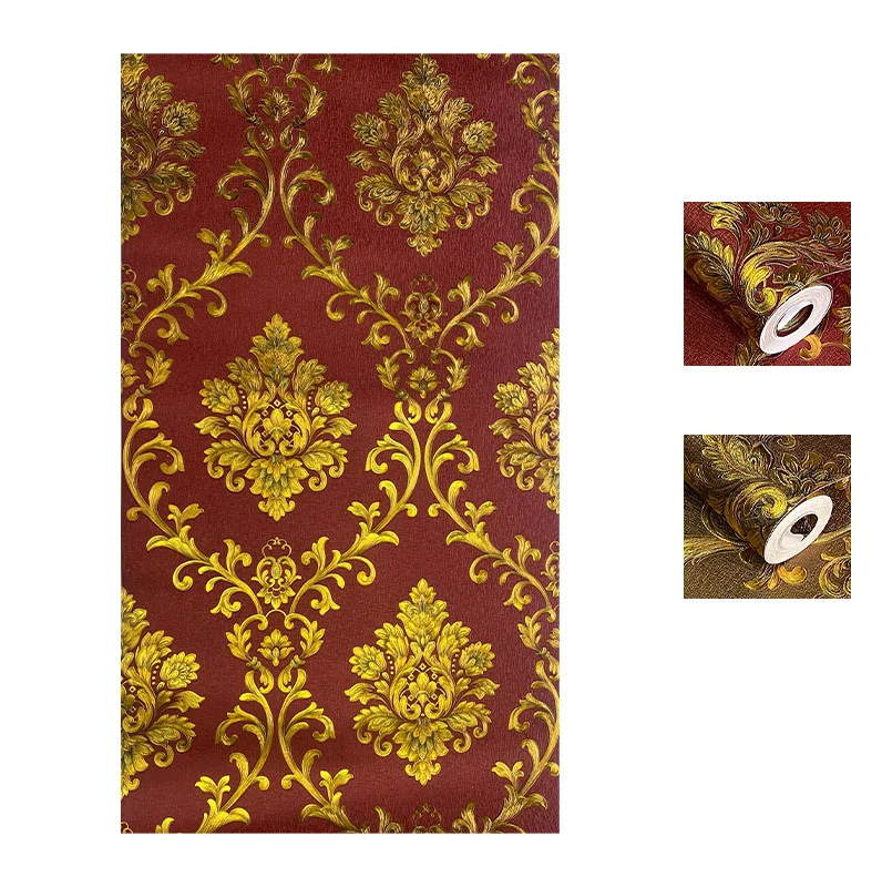 Luxury Damascus Floral Golden Wallpaper Roll for Living Room Bedroom TV Background Red Brown Gold Foil Wallpaper American