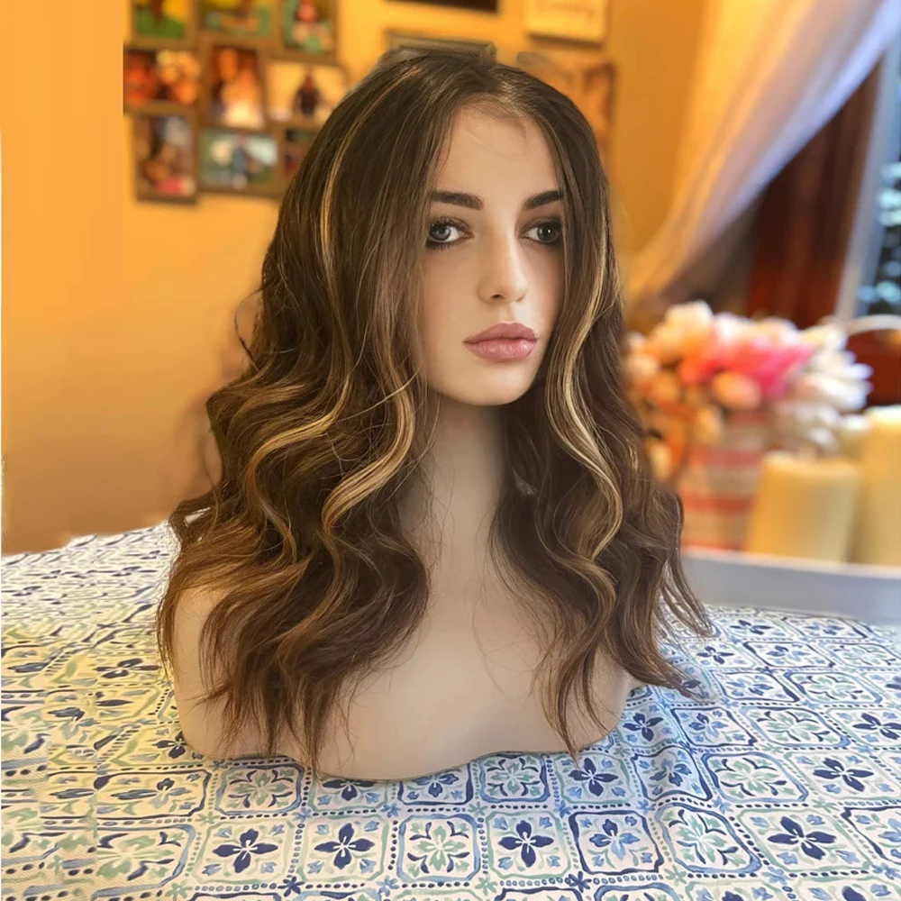 Brunette Ombre Highlights Wig Lace Frontal Wig HD Human Synthetic Blend Transparent Lace Front Wig Long Smooth Wavy High Heat