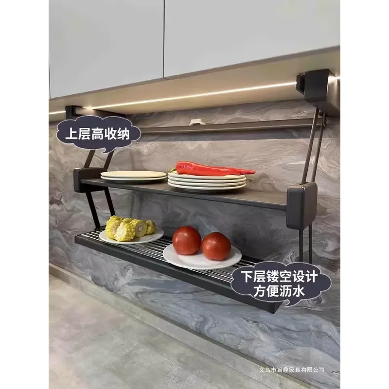 Kitchen Wall Mounted Folding Rack Double Layer Pull Down Storage Shelf Space Saving Organizer For Cooking Utensils And Spices