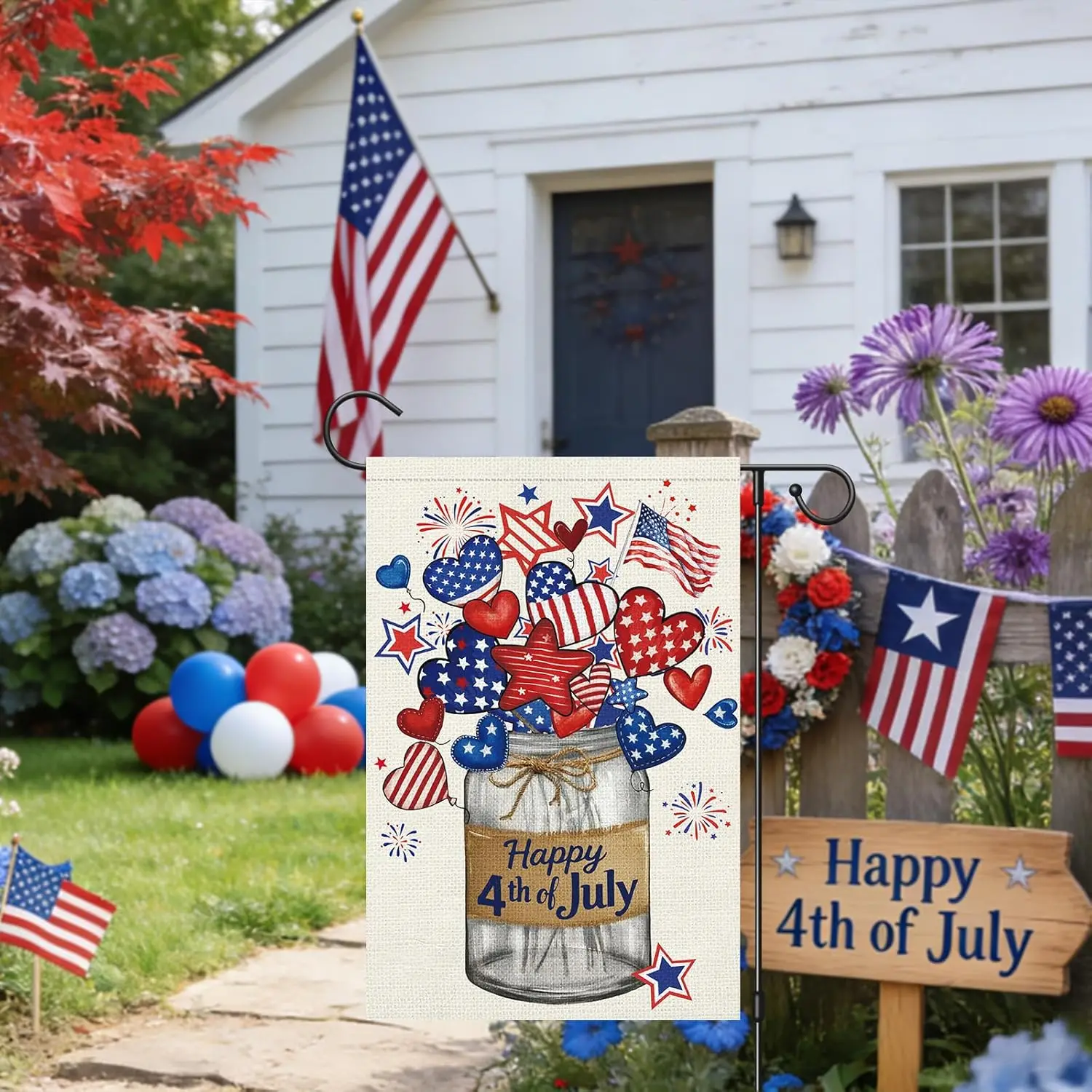 Heyfibro Happy 4th of July Patriotic Garden Flag 12x18 Double Sided Burlap, Mason Jar with Red White and Blue Hearts & S YYQ