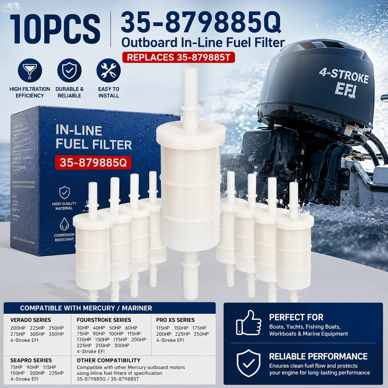 10 filtros de combustible en línea 35-879885Q 35-879885T para motores fueraborda Mercury Mariner Verado FourStroke 40 50 60 75 115 150 200 250 300HP