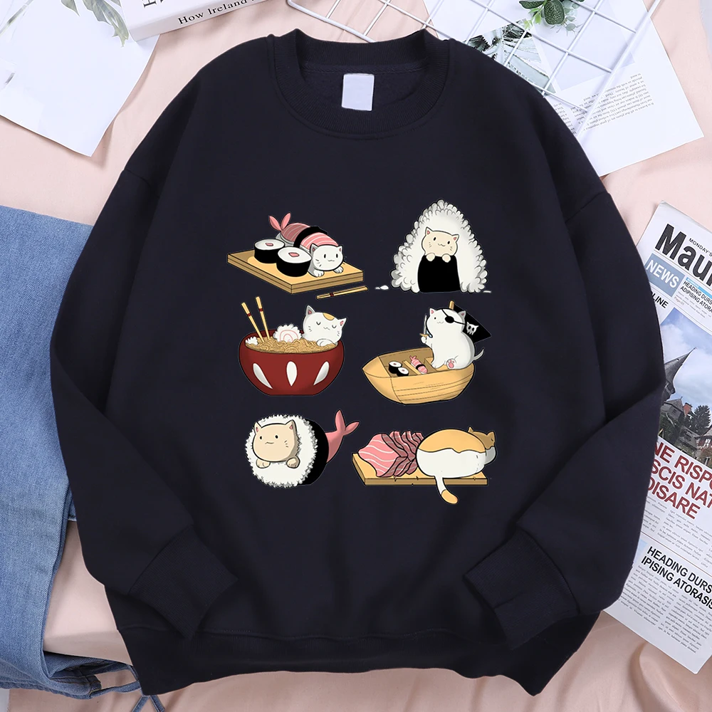 Cute Funny Sushi Cat Printing Clothes For Men New High Quality Hoody Vintage Crewneck Streetwear Autumn Fleece Sweatshirt Women