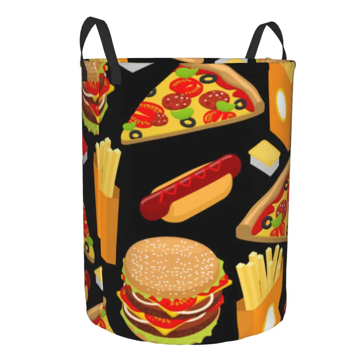 Folding Laundry Basket Hamburger And French Fries Round Storage Bin Collapsible Hamper Clothes Bucket Organizer