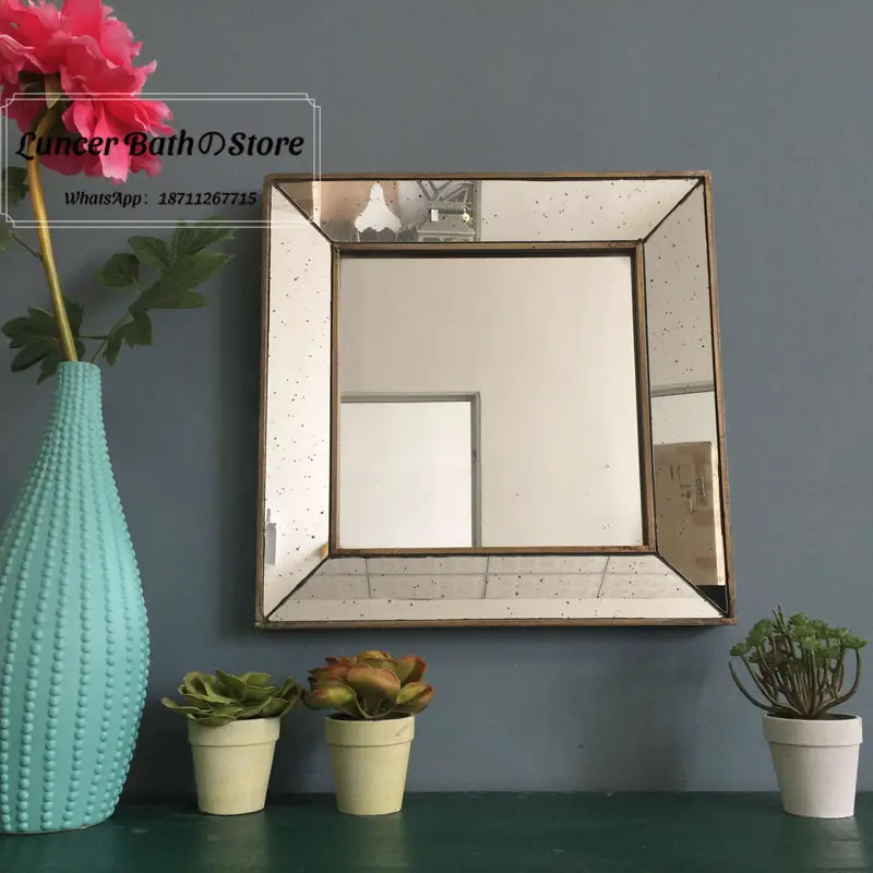 American European Vintage Square Mirror, Distressed Speckled Glass for Entryway Wall Decor, Bathroom Hanging Mirror