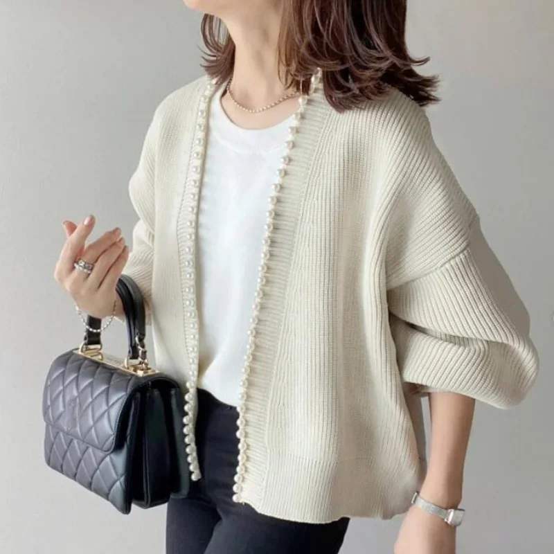 V Neck Long Sleeve Cardigan Femme Chic Exquisite Pearl Patchwork Sweaters Spring Winter Clothes Women Japanese Elegant Coats