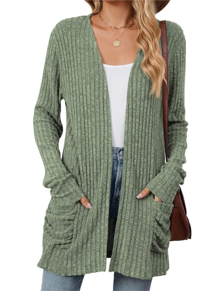 Knitted Sweater Women's Coat Fashionable Collarless Pocket Long-sleeved Bottoming Cardigan Autumn Winter Loose Casual Sweater