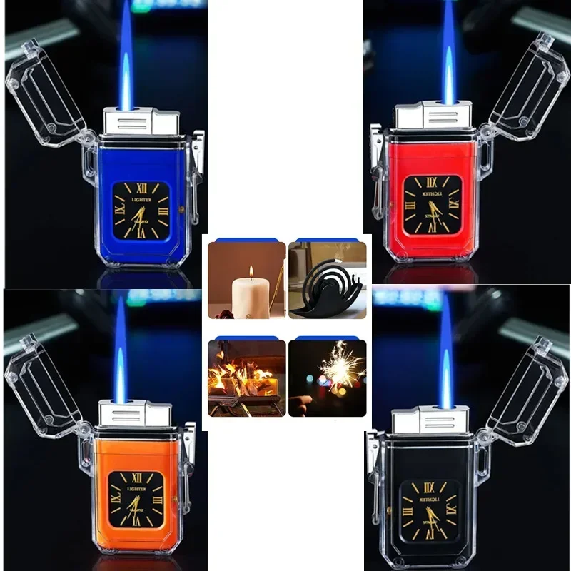 

New Transparent Windproof Adjustable Flame Lighter IP56Waterproof Blue Flame Gas Inflation Quartz Dial Outdoor Creative Tool