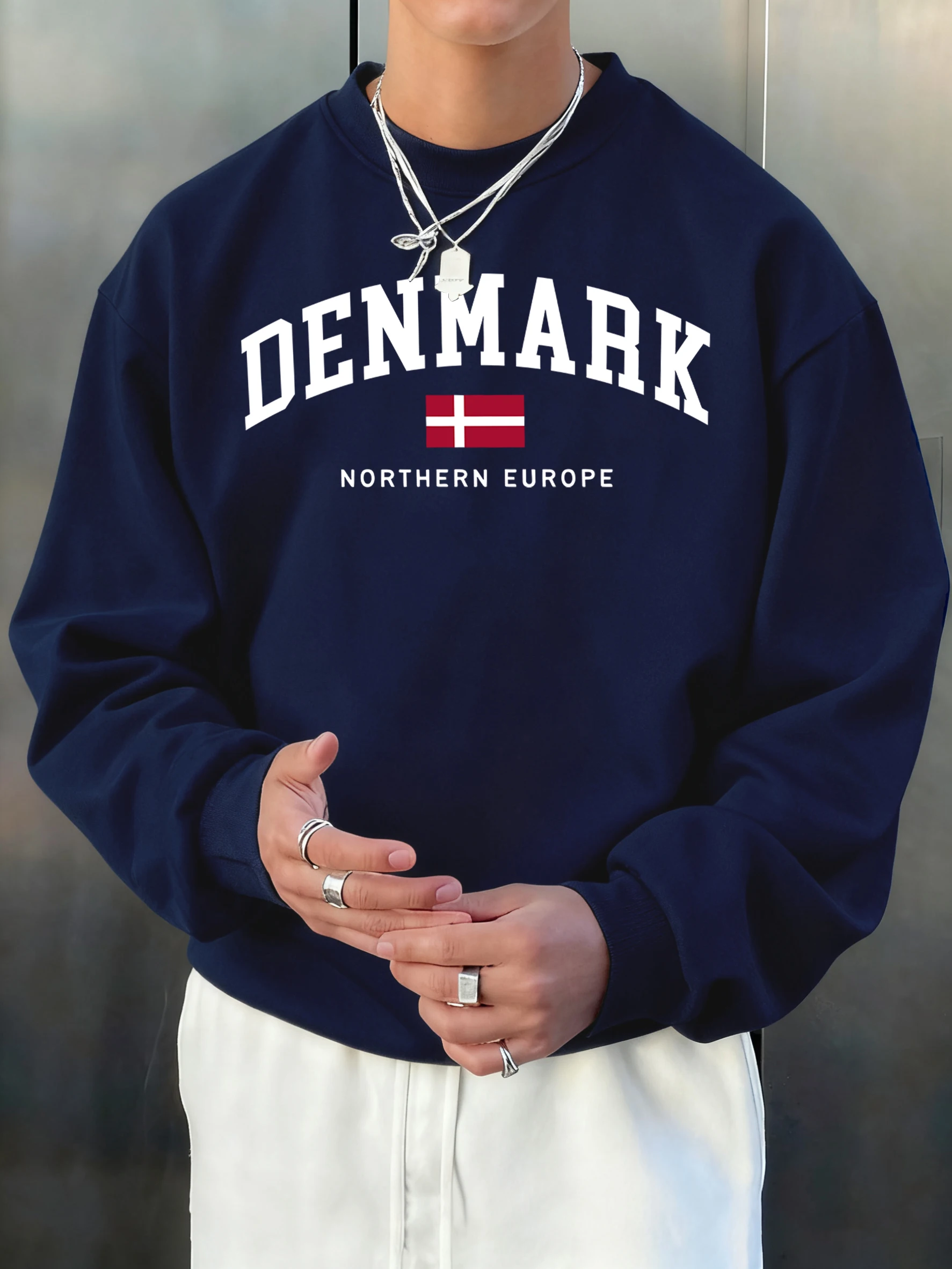 

Мужская толстовка с принтом флага Дании (Северная Европа), осенний пуловер в стиле хип-хоп, флисовый топ с круглым вырезом, унисекс, свободный уличный спортивный костюм для мужчин