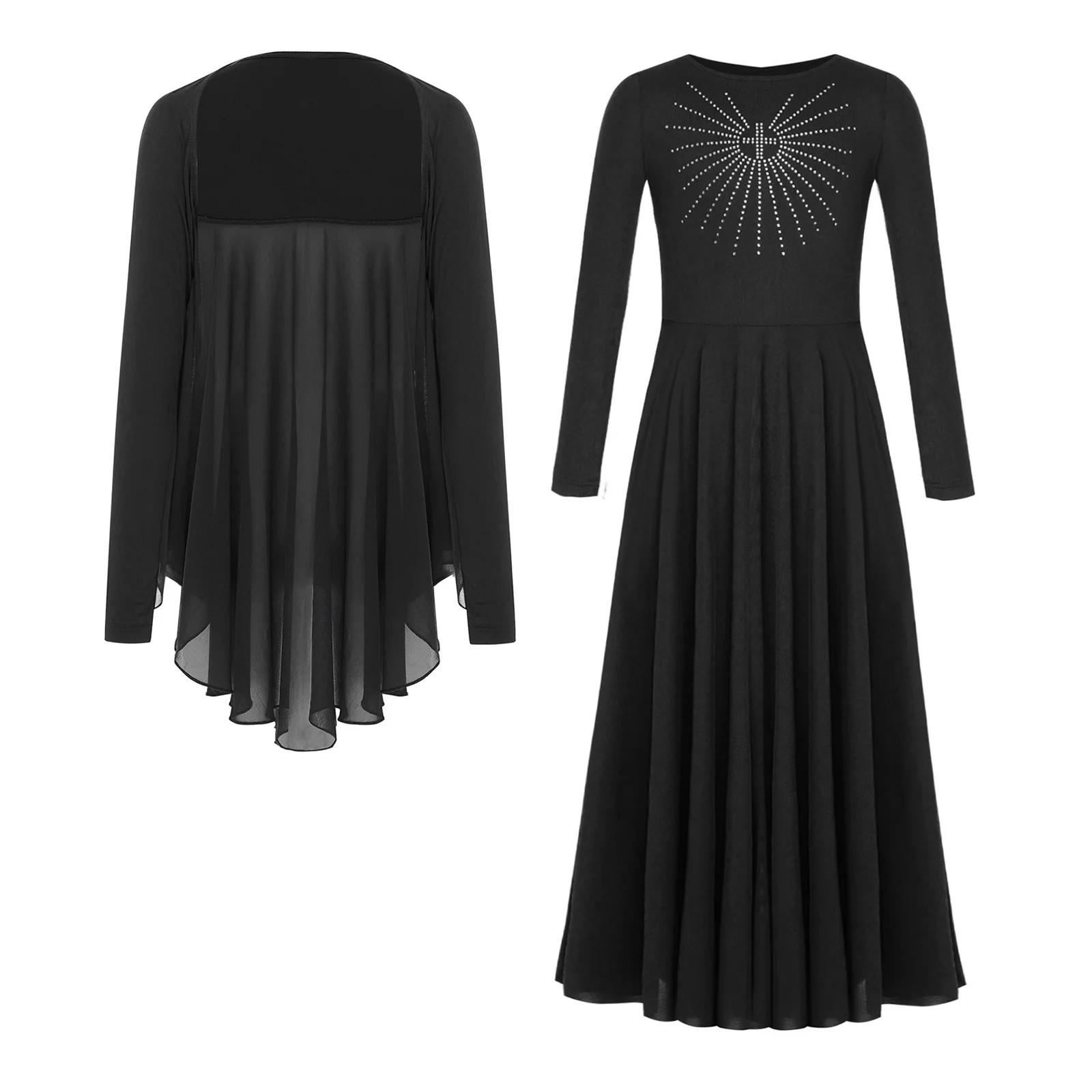 6-16Y الفتيات الليتورجية العبادة الكنيسة جوقة الثناء الرقص الغنائي الزي طويلة الأكمام لامعة حجر الراين واسعة فستان محكم من عند الصدر ويتدلى بشكل واسع مع شال #2