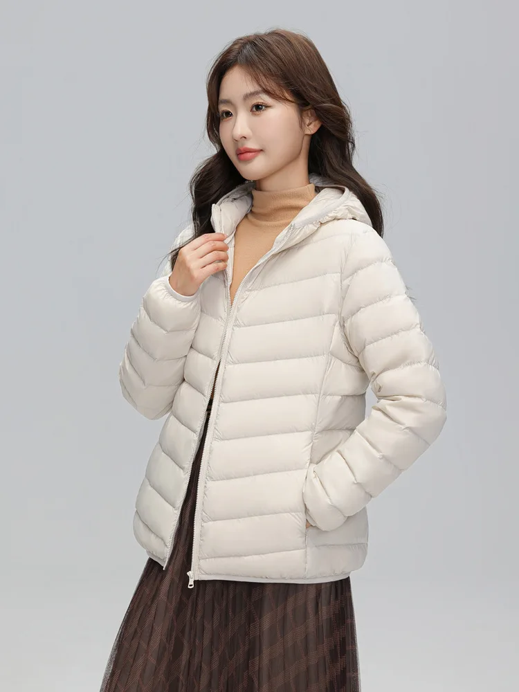 Lightweight Packable Hooded Down Jacket Women Autumn Winter 90% Down Fill Base Layer Jacket Female Solid Color Casual Down Coats