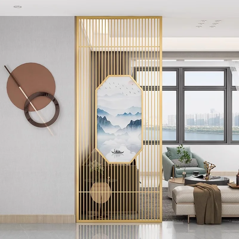 

Simple modern stainless steel partition light luxury wrought iron metal screen new Chinese entrance office hotel background