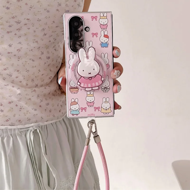 

Funny Cute Cartoon Miffy Rabbit Magnetic Phone Case For Samsung Galaxy Z Fold 7 6 5 ZFold6 ZFold5 Cover with Stand Hand Rope Cas
