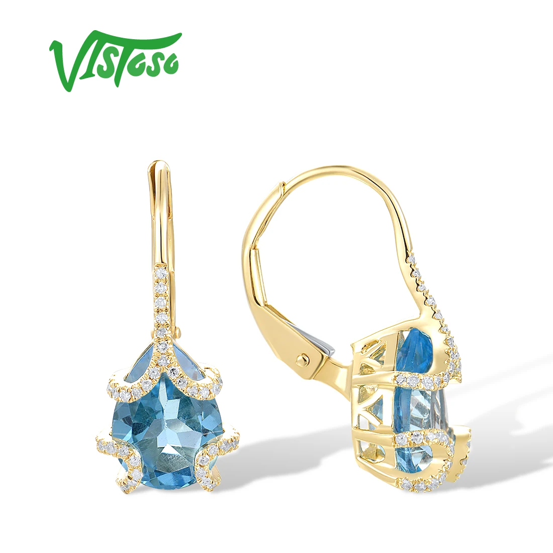 VISTOSO Real 14K 585 Yellow Gold Earrings For Women Sparkling Diamond Blue Topaz Charming Wedding Trendy Party Fine Jewelry