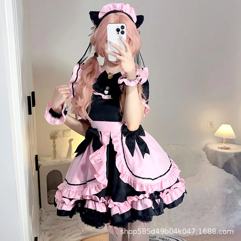 Robe Gothique Lolita JSK à Manches Courtes pour Fille, Tenue de Soirée Kawaii, avec Nministériels d, Cosplay Chats, Harajuku, Mignonne, Rose, à Volants, Noire