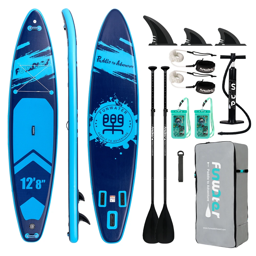Funwater SUPFW39A Aufblasbares Stand-Up-Paddleboard 385x85x15cm SUP-Board 230kg Tragkraft für Erwachsene 2-Personen-Board mit 2 verstellbaren Paddeln 3 Finnen 2 Sicherheitsleinen 2 wasserdichte