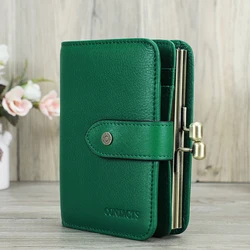 Contact'S Women Short Coin Purse Metal Frame Green Genuine Leather Wallet Credit Card Holder Fashion Small Wallets for Woman