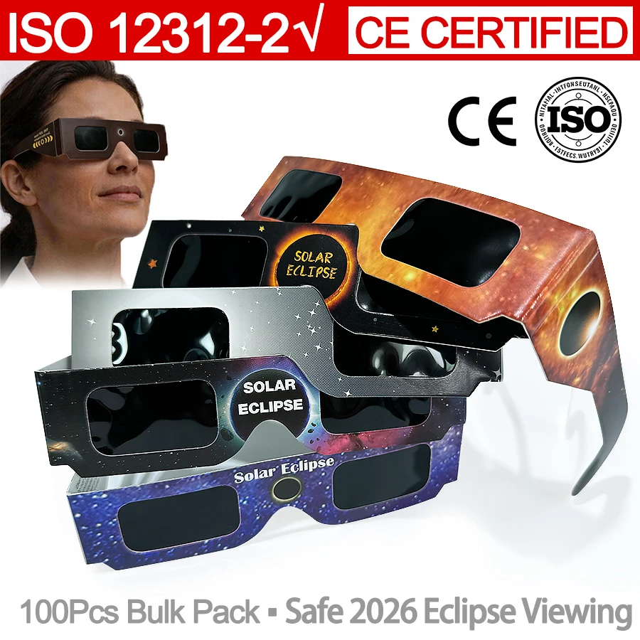 Óculos para Eclipse Solar, Pacote com 100 Unidades, Certificação ISO 12312-2 CE, Proteção Ocular Segura para Observação do Sol na Espanha
