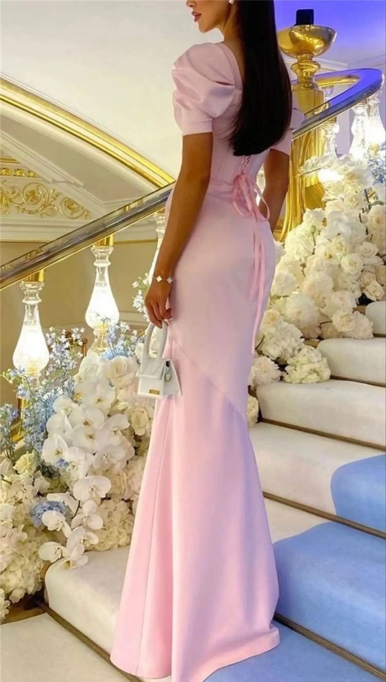 Rosa Hochzeitskleid, Party, Abend, elegant, luxuriös, Promi-Absolvent, Puffärmel, Ballkleider, Grace, maßgeschneidert, Meerjungfrau, Brautjungfer