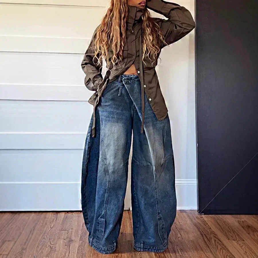 Spodnie Mom Jeans z szerokimi nogawkami damskie, styl vintage, denim punk, luźne spodnie, elastyczne, średni stan, sprane, postarzane, streetwear 2025