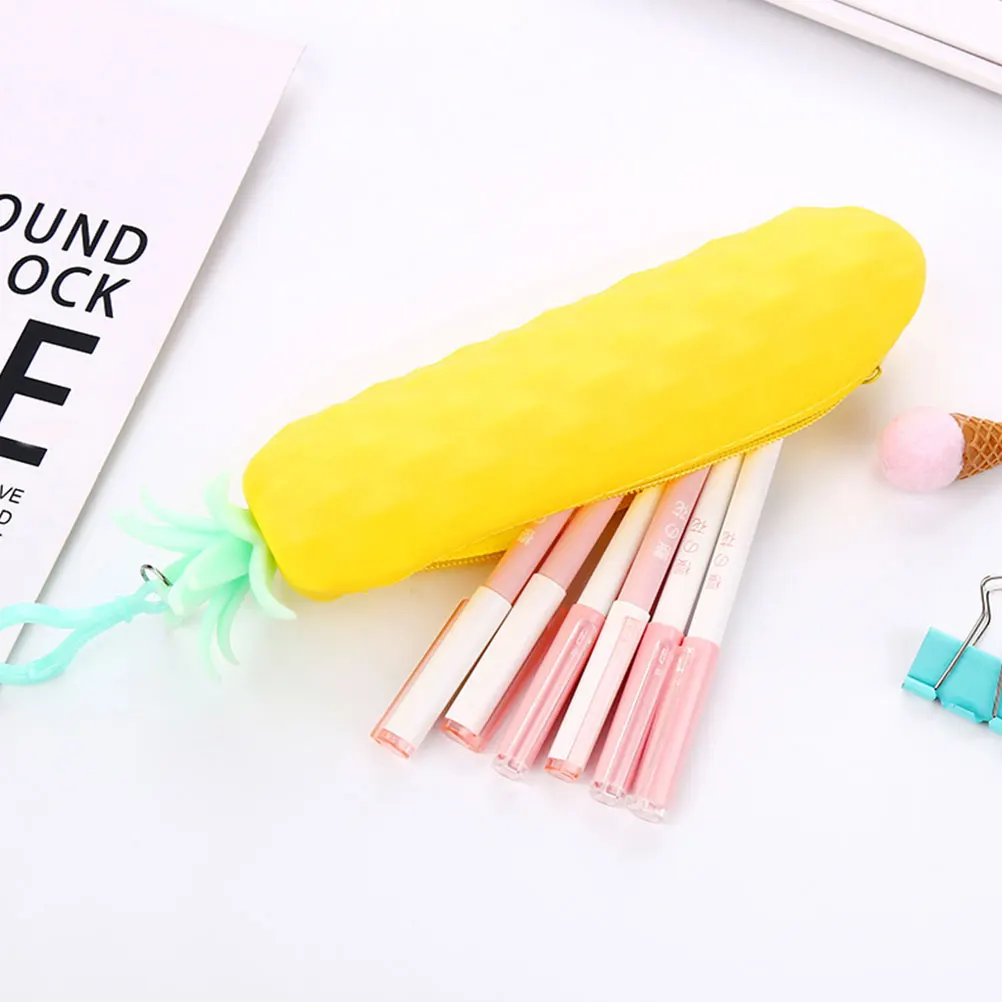 

Portable Large Capacity Silicone Pencil Case Pineapple Design Pen Bag for Stationery Makeup Brush Tools