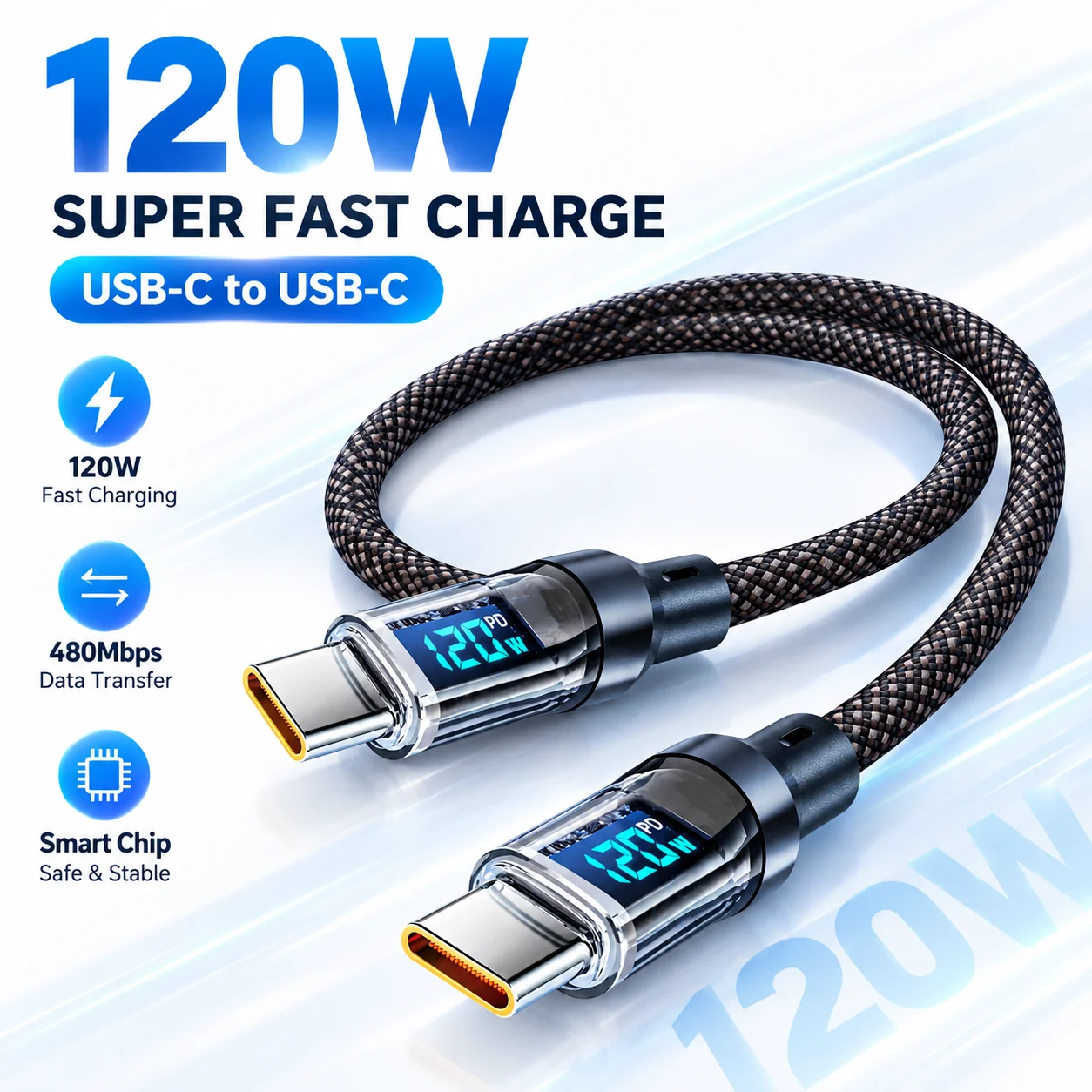 NNBILI 120W USB C Super Fast Charging Cable Type C Digital Display Data Cord for Xiaomi Samsung Huawei Mobile Phone