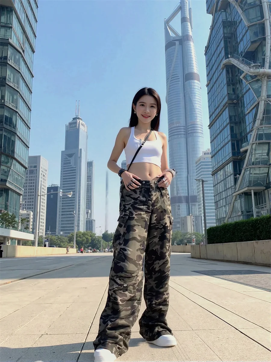 

Камуфляжные брюки, женские брюки-карго с необработанным краем, женские модные детали, потертые, повседневные, модные, уличный стиль, прямые с высокой талией