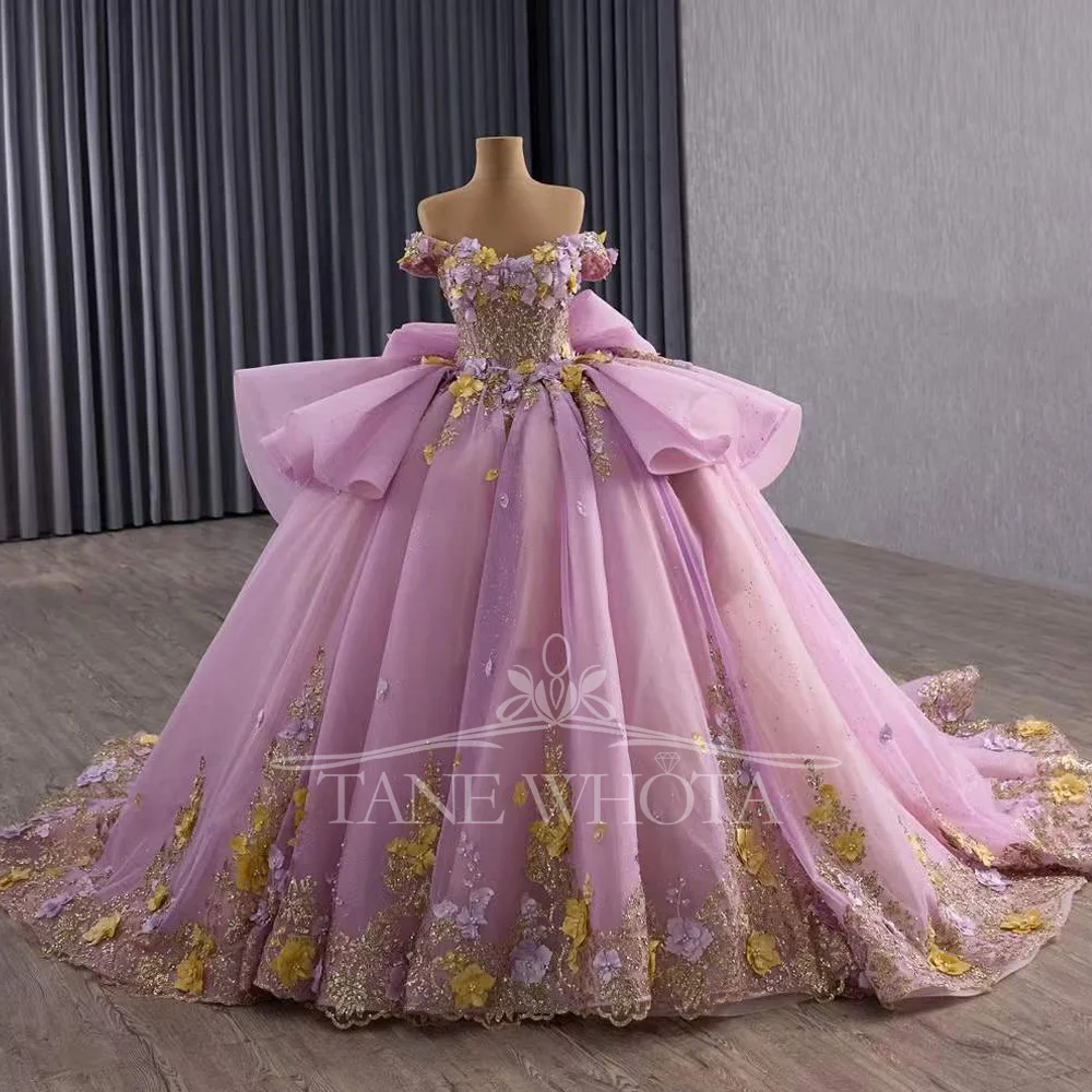 

Sukienki Off-Shoulder Quinceanera Dress Sweetheart Lace-Up Back Bow Beading Appliques Sequined Pink Prom Gown