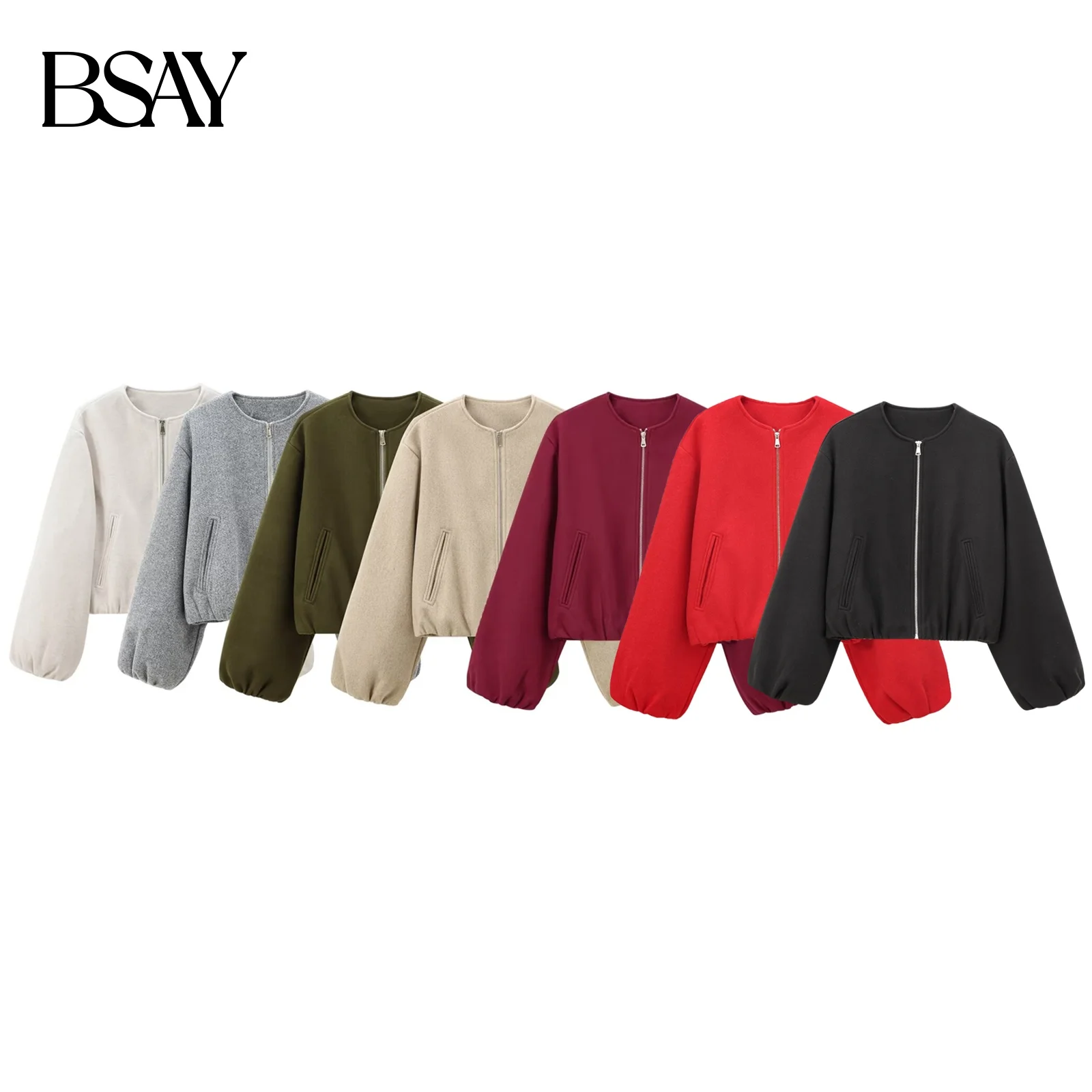 

BSAY Women Fashion 2024 Autumn winter New Wool Blended Warm Loose Pilot Jacket Long-sleeved Zip Round Neck Short Coats