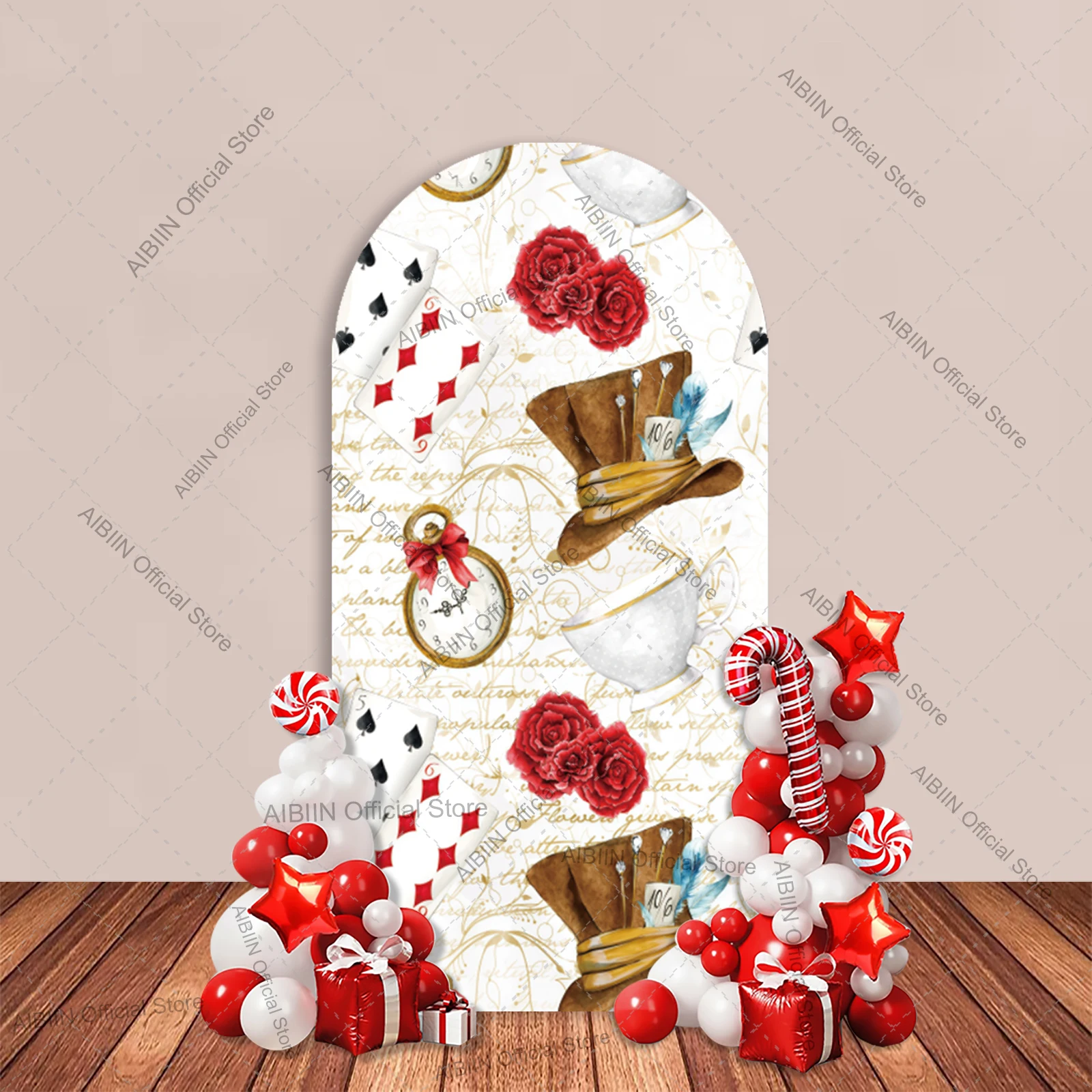 Fairy Tale Alice Adventure Arch Backdrop Cover White Black Grid Checker Rose Floral Dress Clock Game Cake Party Decor Background view 2