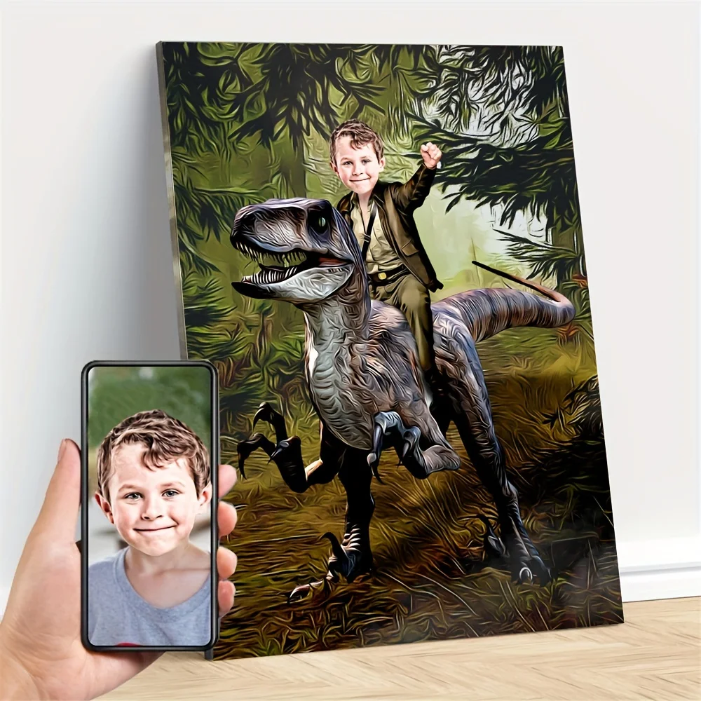 Custom Unframed Canvas Wall Art Upload Kids Photo Dinosaur Jungle Adventure Portrait Personalized Boy Character Print Children B