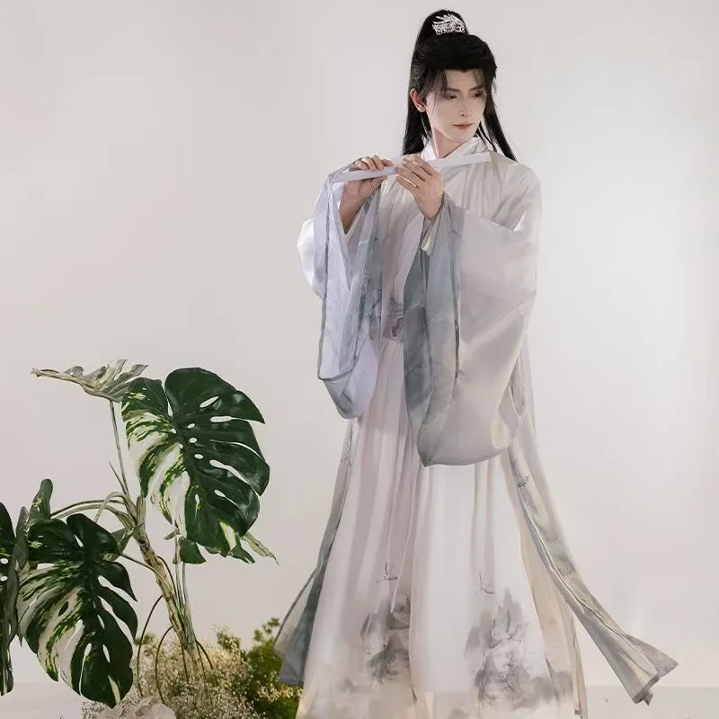 Tradicional unissex fada hanfu homens mulheres impressão de tinta de água gola cruzada traje casais antigos carnaval festa cosplay roupas