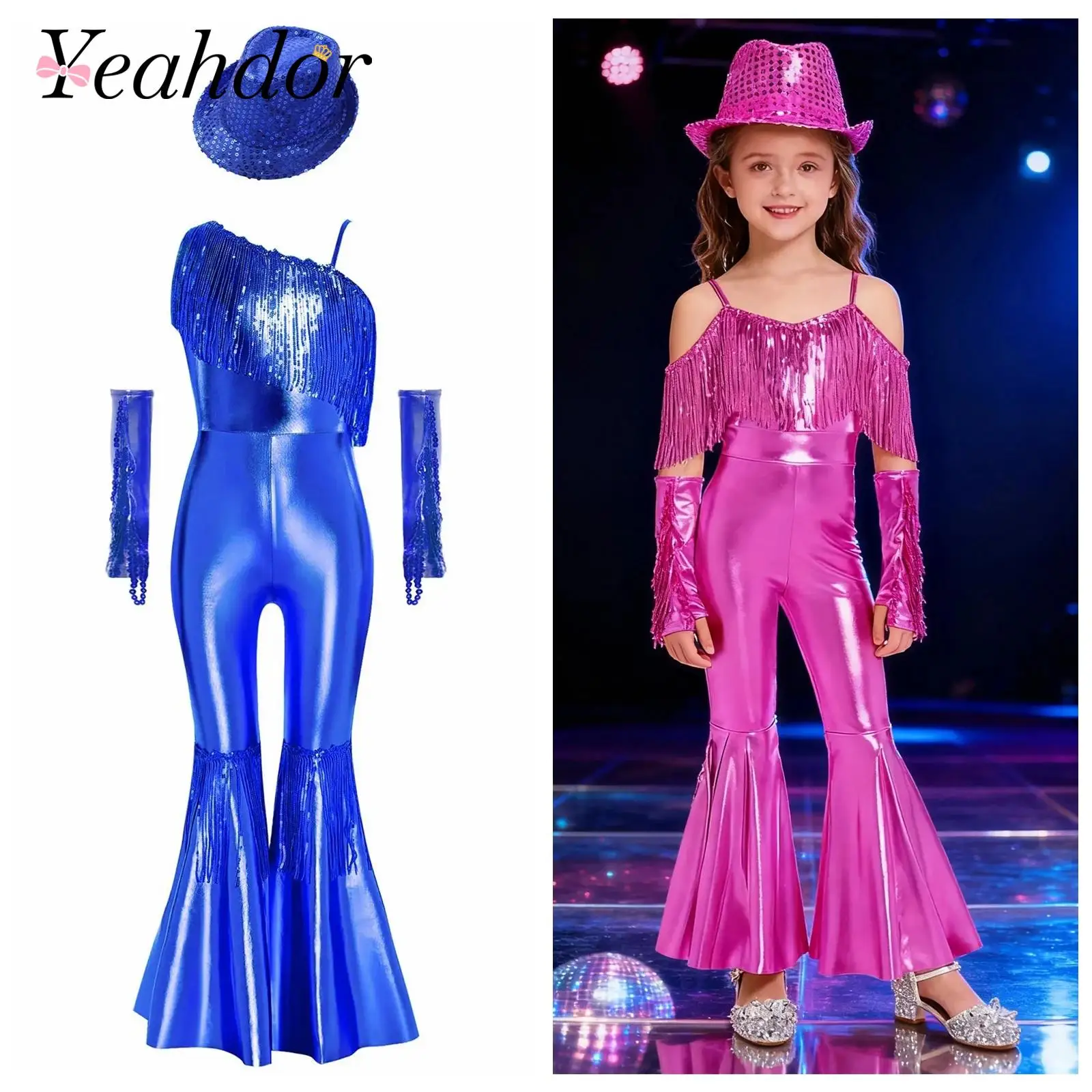 Kids Girls Metallic Party Romper Shiny Sequin 70S Disco Flared Jumpsuit Children Tassels Hippie Costume Jazz Dancing Dancewear