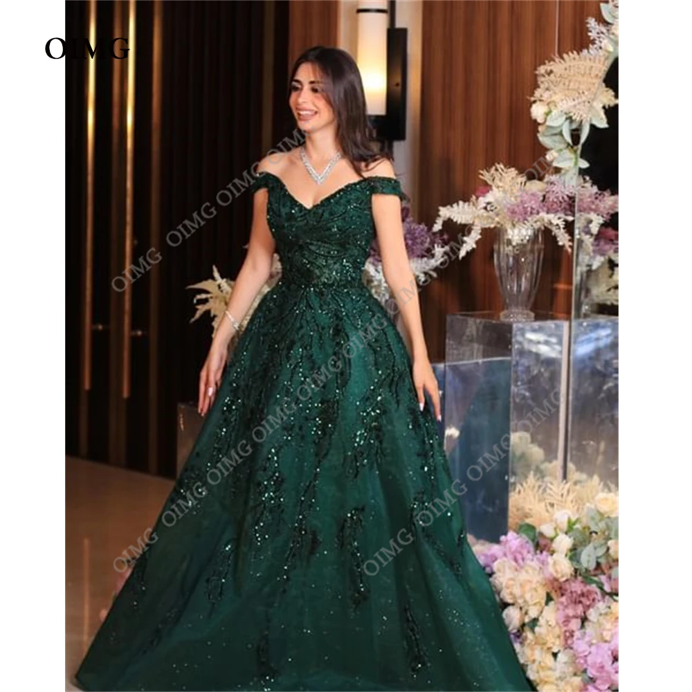 OIMG Queen Green Off spalla abiti da festa formali paillettes lucide abiti da sera lunghi Dubai Night Club Dress Robe de soiree