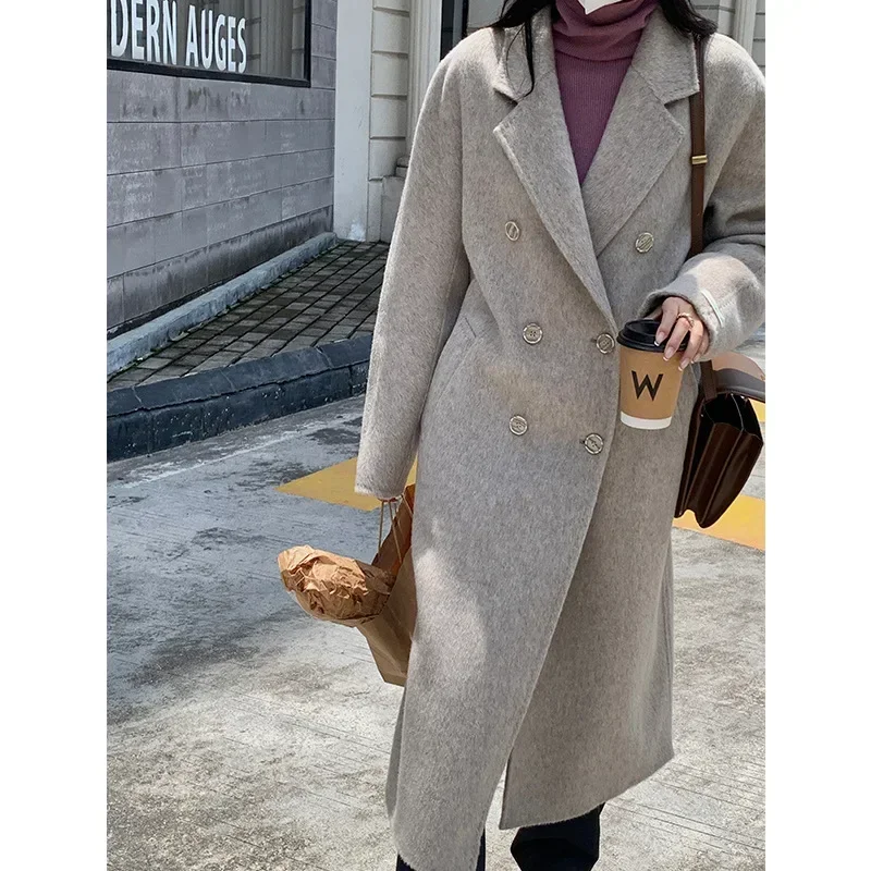 

High-end camel wool double-sided hand-sewn coat for women, loose and thin quality woolen coat