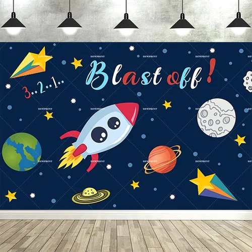 Imagen 2 del producto Fondo de planeta exterior de dibujos animados de astronauta espacial, decoración para fiesta de cumpleaños para niños, cartel para Baby Shower, accesorios de fotografía