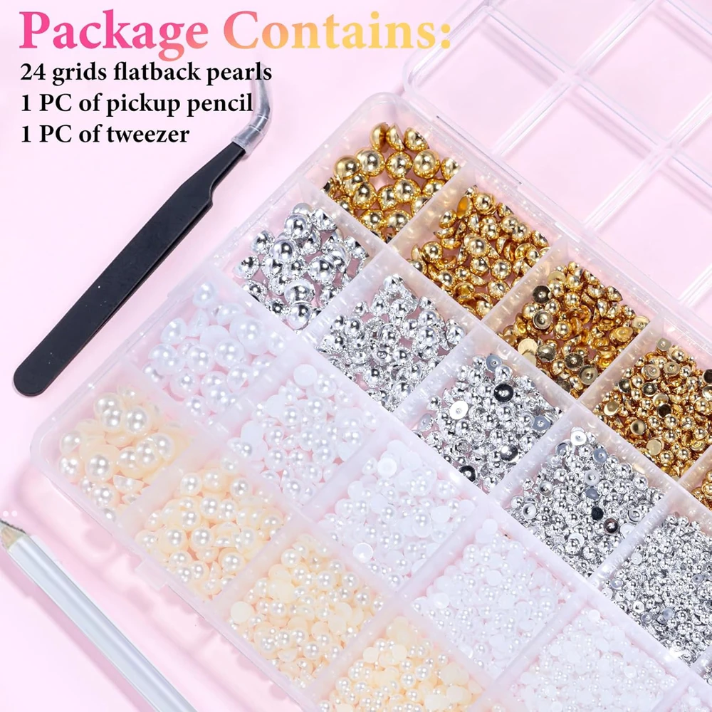 24 Fächer (4500 Stück) 3D Halbrunde Perlen-Nagelcharms Gemischt 2/3/4/5/6/8mm Kaviar-Perlen Nagelkunst-Dekorationen DIY Maniküre-Zubehör