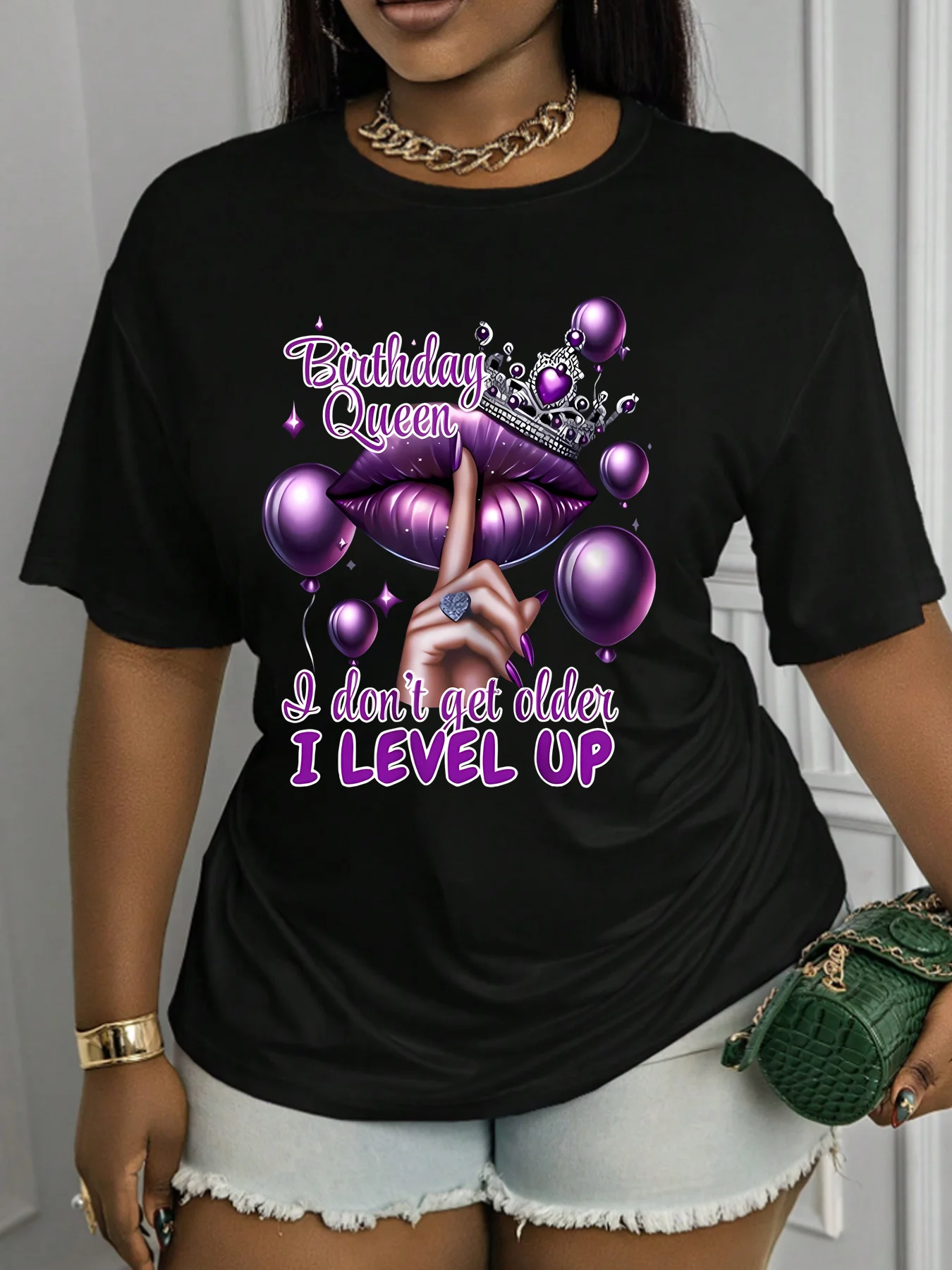 

Purple lips Plus size women's round neck short sleeve T-shirt with elastic half sleeves and trendy prints