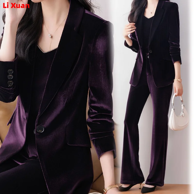 Women\'s Thick Warm Formal Blazer and Pants Suit, Quality Shiny Velvet, Office Work Wear, Winter, 2 Pcs