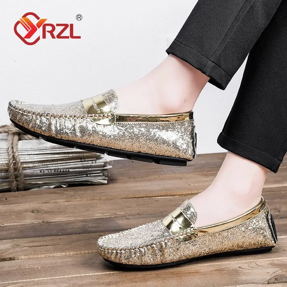 YRZL Loafers Men Handmade Artificial Leather Loafers for Men Casual Driving Shoes Comfortable Lazy Gold Luxury Men Loafer Shoes