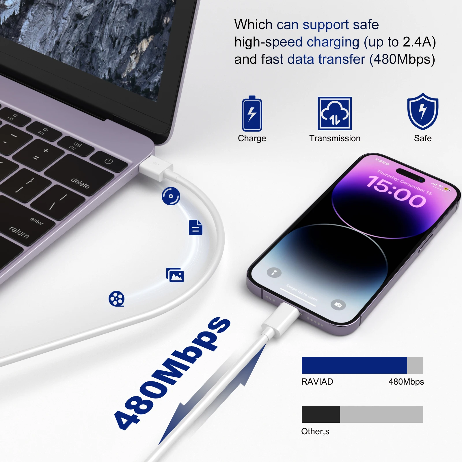 ANSEIP 3Pack USB A to Lightning Cable 2.4A Fast Charging MFi Certified Charger Line For iPhone 14 13 12 11 Charge Data Wire Cord