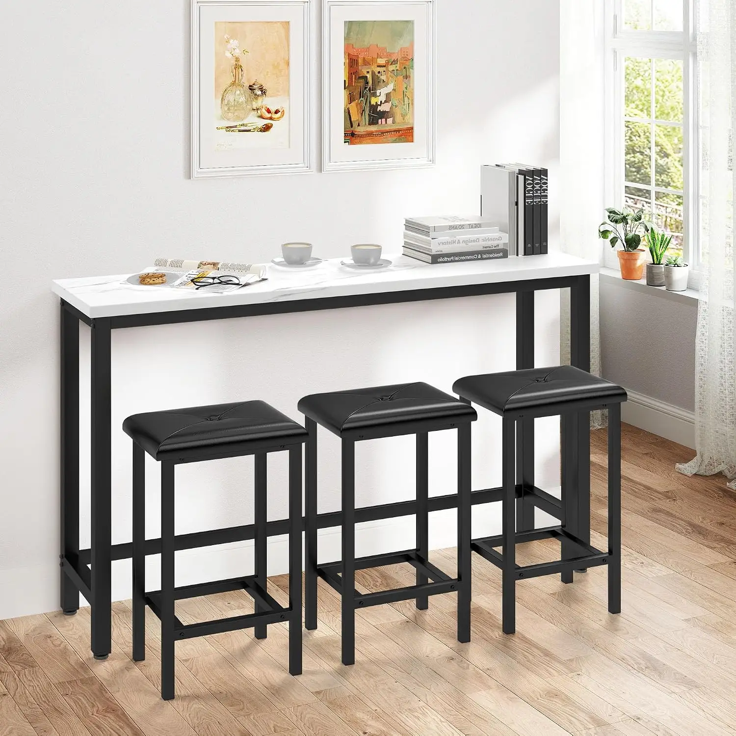 4-Piece Bar Table and Chairs Set with 3 PU Upholstered Bar Stools, 60.2 Faux Marble Table Top, Modern Counter, Customized